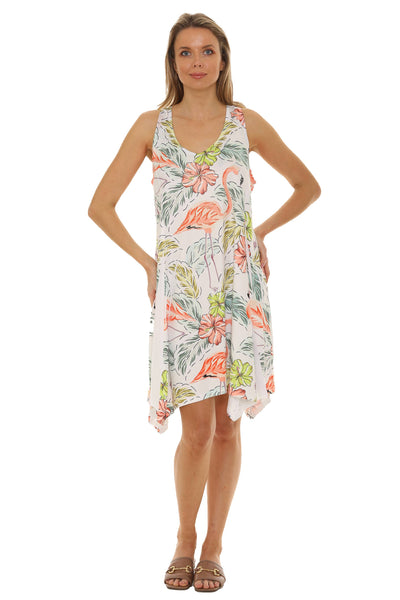 SW Tropical Flamingo Handkerchief Hem Dress: Blue / S/M