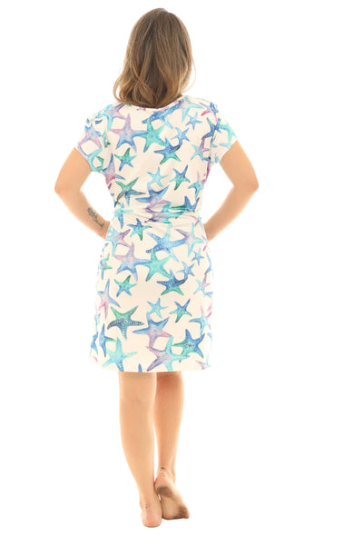SW Cool Blue Starfish Dress with Pockets: White/Blue / V-Neck Short Sleeve / S