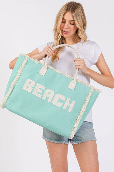 MB0268 Embroidered Beach Letter Fringe Tote Bag: Mint