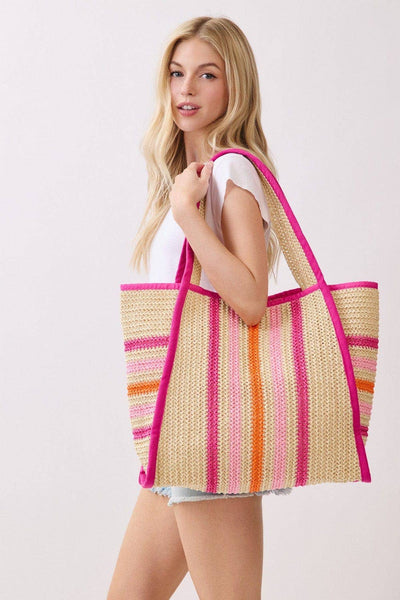 MB0323 Jennifer Multi Color Straw Beach Tote Bag: Hot Pink
