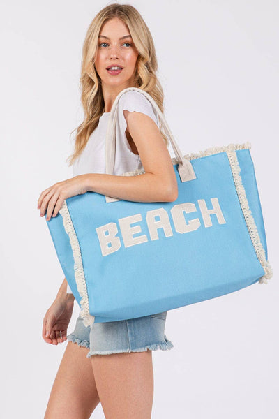 MB0268 Embroidered Beach Letter Fringe Tote Bag: Mint