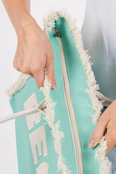 MB0268 Embroidered Beach Letter Fringe Tote Bag: Mint