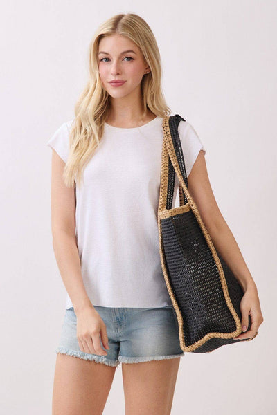 MB0338 Two Tone Woven Straw Beach Tote Bag: Tan