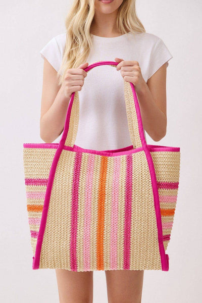 MB0323 Jennifer Multi Color Straw Beach Tote Bag: Hot Pink