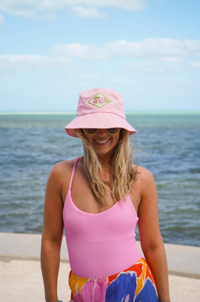 KK Meet me at the Beach Patch Hat - Pink & Green: Green Stripe Trucker Hat