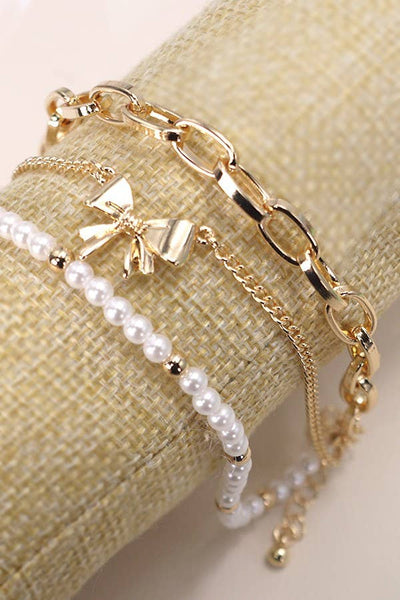 BOW PEARL LINK TRIO SET BRACELETS | 80B146: GOLD