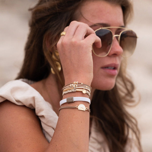 "Rise" Cream and Tan With Gold and Sun Accents Hair Tie Bracelets: Medium