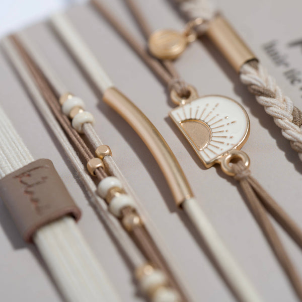 "Rise" Cream and Tan With Gold and Sun Accents Hair Tie Bracelets: Medium