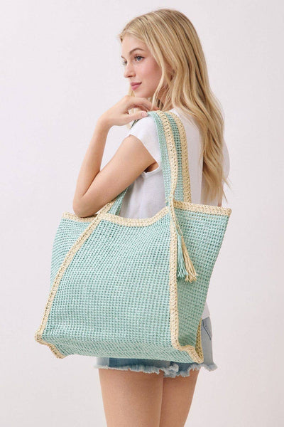 MB0338 Two Tone Woven Straw Beach Tote Bag: Mint