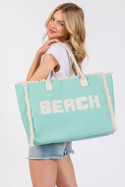 MB0268 Embroidered Beach Letter Fringe Tote Bag: Mint