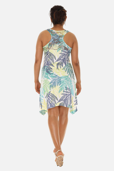 SW Women's Palm Leaf Print Beach Dress with Racer Back: YELLOW / S/M