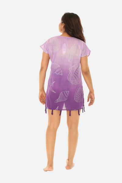 SW Gold starfish V-Neck Tunic With Tassels: PURPLE / S