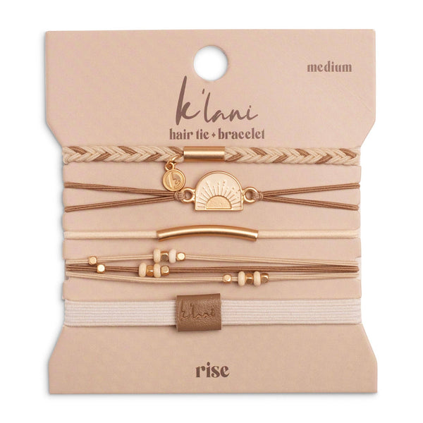 "Rise" Cream and Tan With Gold and Sun Accents Hair Tie Bracelets: Medium