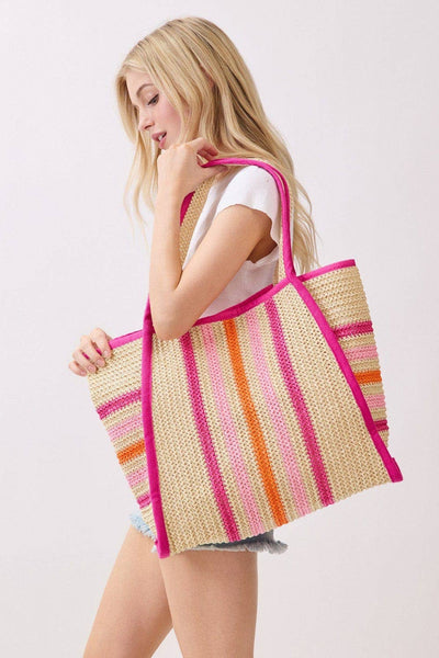 MB0323 Jennifer Multi Color Straw Beach Tote Bag: Hot Pink