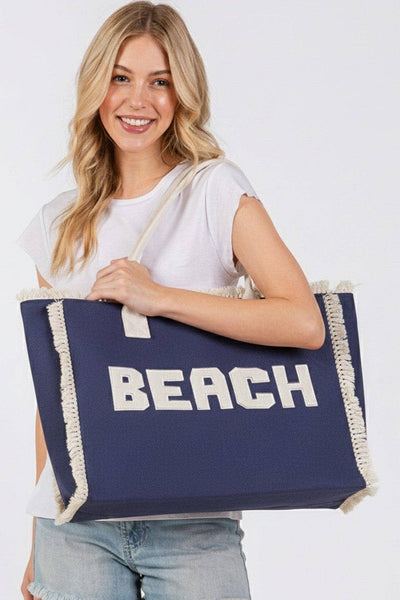 MB0268 Embroidered Beach Letter Fringe Tote Bag: Mint