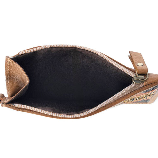 MY Hand Hewn Western Card Holder for Women in Light Brown with handtooled detail: Brown & White