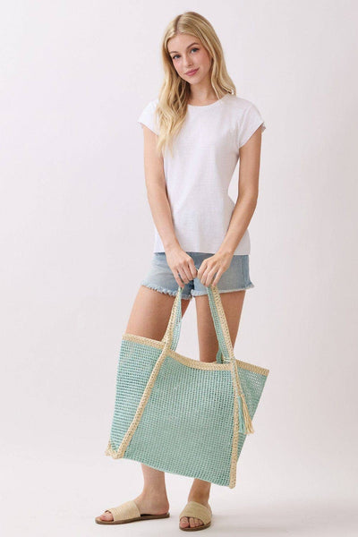 MB0338 Two Tone Woven Straw Beach Tote Bag: Tan