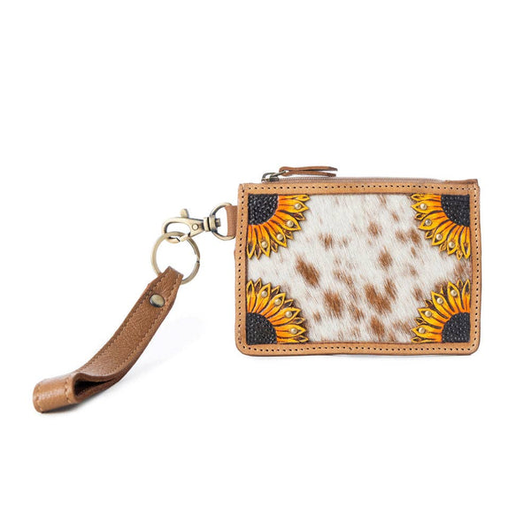 MY Hand Hewn Western Card Holder for Women in Light Brown with handtooled detail: Brown & White