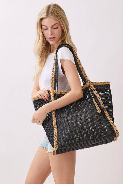 MB0338 Two Tone Woven Straw Beach Tote Bag: Tan