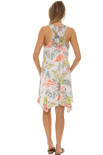 SW Tropical Flamingo Handkerchief Hem Dress: Yellow / S/M