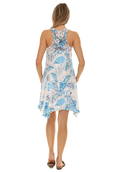 SW Tropical Flamingo Handkerchief Hem Dress: Yellow / S/M