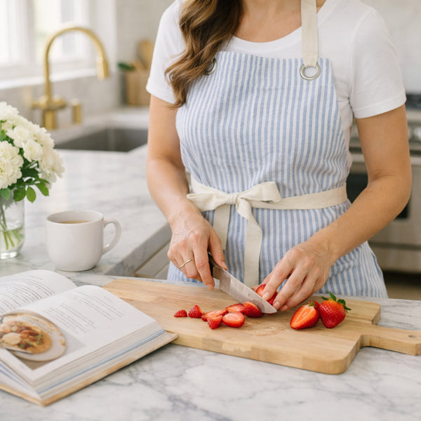PL Blue Pinstripe Ruffle Cotton Apron with Pocket