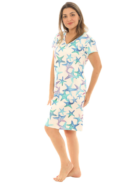 SW Cool Blue Starfish Dress with Pockets: White/Blue / V-Neck Short Sleeve / S