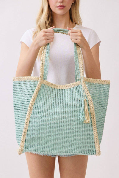 MB0338 Two Tone Woven Straw Beach Tote Bag: Mint