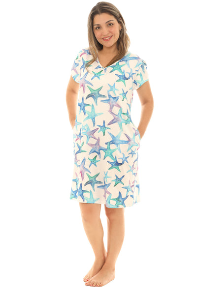 SW Cool Blue Starfish Dress with Pockets: White/Blue / V-Neck Short Sleeve / S