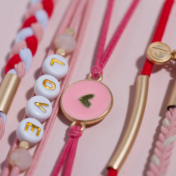 "Love" Pink & Red with Hearts Hair Tie Bracelets: Small