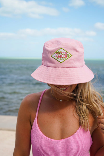 KK Meet me at the Beach Patch Hat - Pink & Green: Green Stripe Trucker Hat