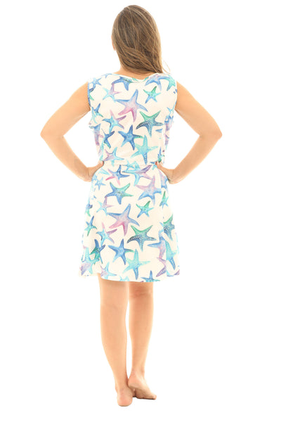 SW Cool Blue Starfish Dress with Pockets: White/Blue / V-Neck Short Sleeve / S