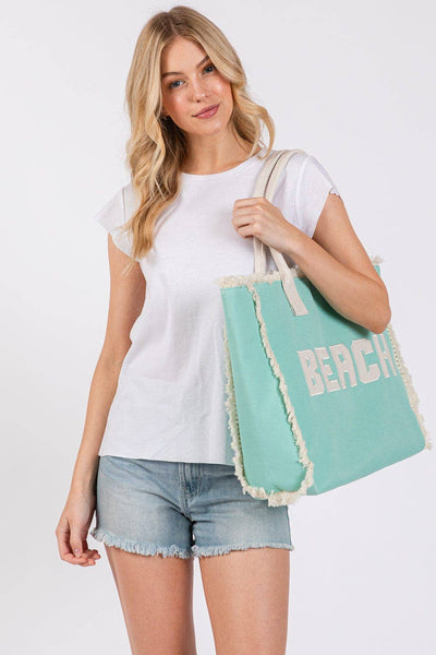 MB0268 Embroidered Beach Letter Fringe Tote Bag: Mint