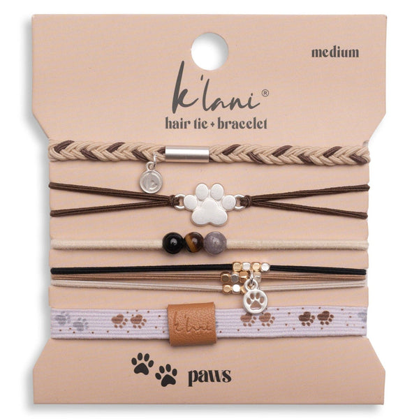 "Paws" Natural Hues with Silver and Paw Accents Hair Tie Bracelet: Medium